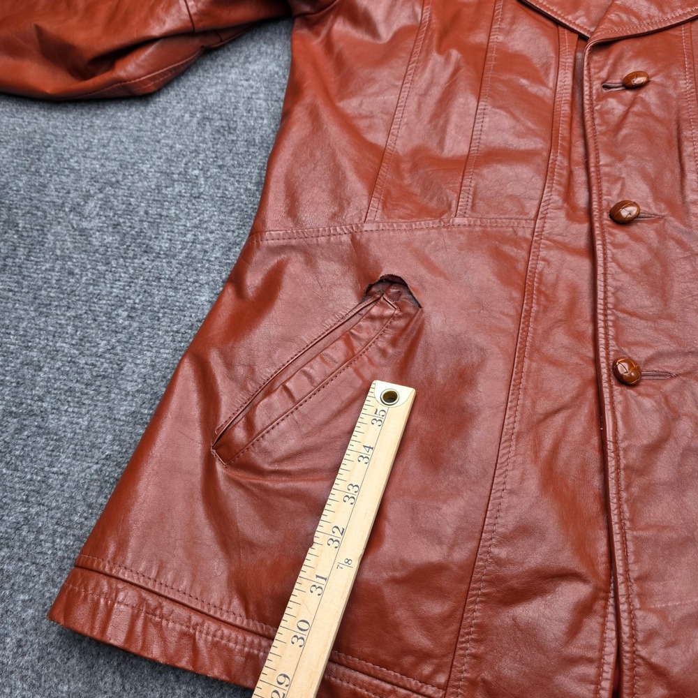 Vintage JCPenney Mens 38 Leather Car Coat Cognac Brown 70s Zip Out Liner Jacket - Picture 5 of 9